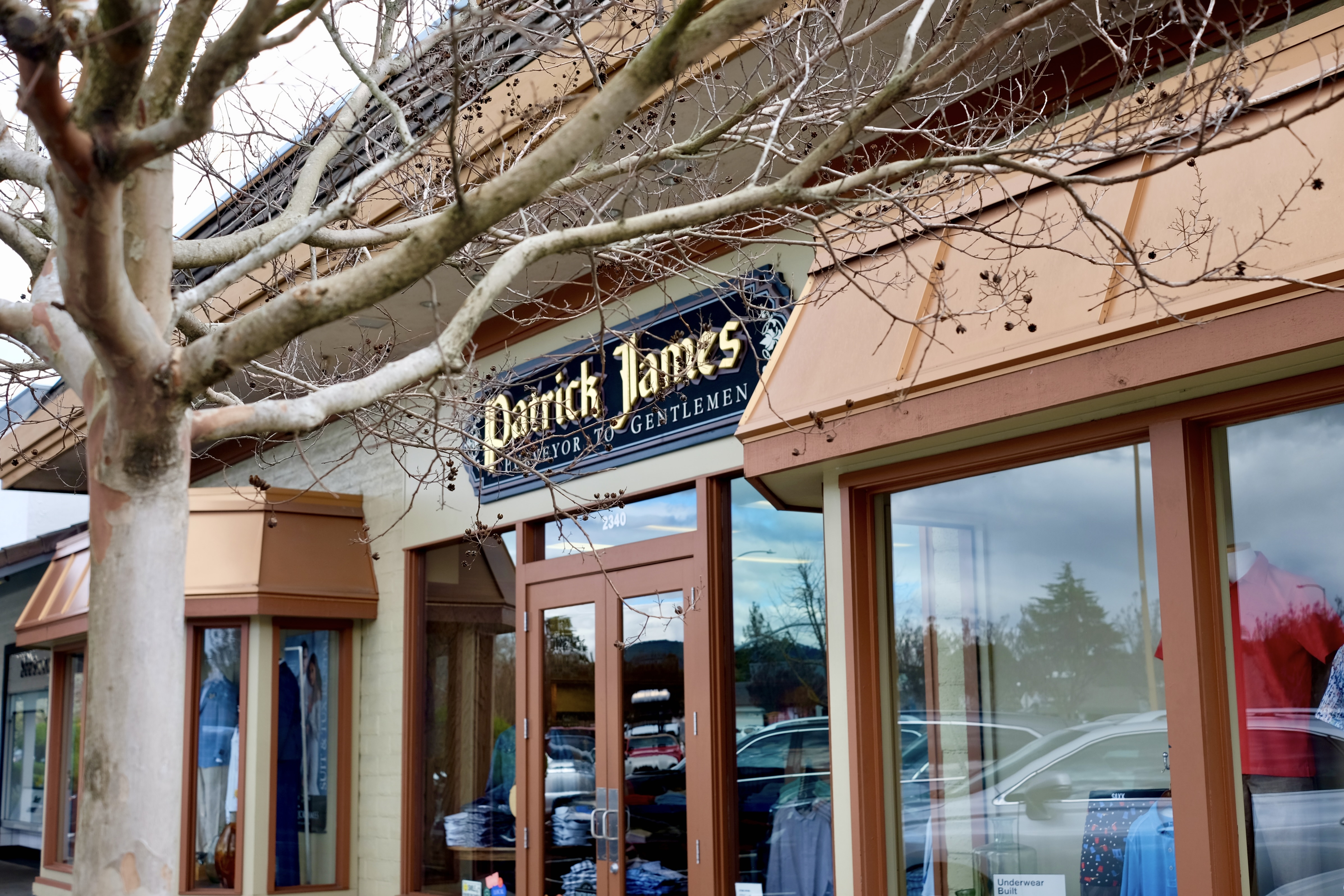 A tree grows in front of a store called Patrick James, "purveyor to gentlemen."