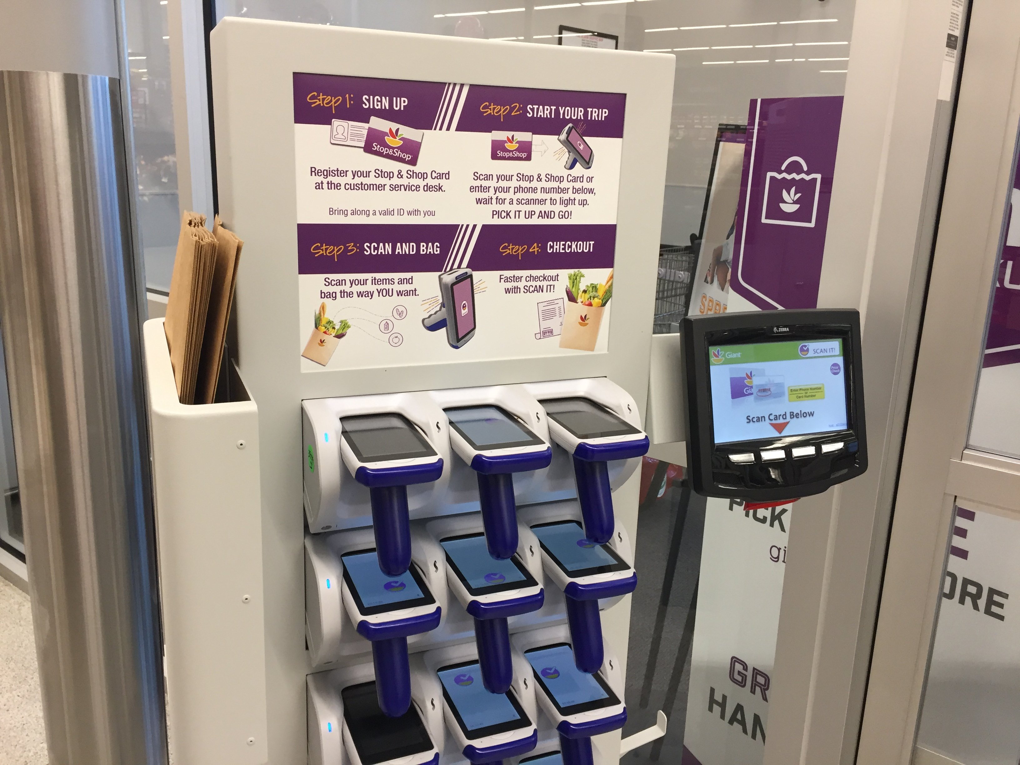 Self-service scanners in grocery store