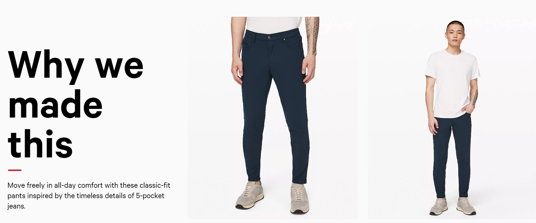 A product detail page on Lululemon's website advertising the ABC Skinny-Fit Pant 34".