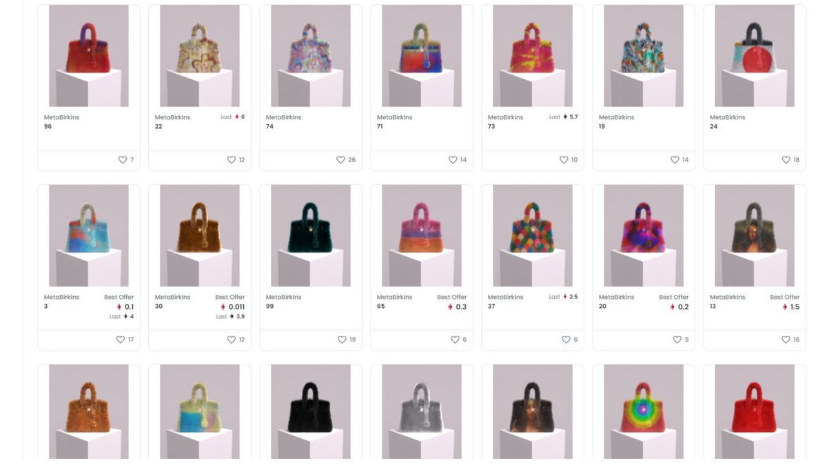 Handbags in various colors and designs, pictured in individual gray thumbnails.